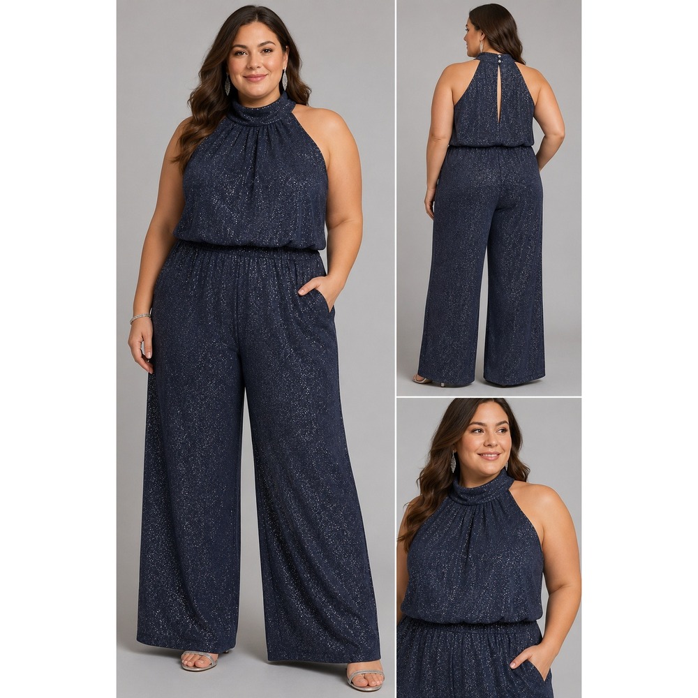 En Focus Studio Navy Silver Glitter Halter Wide Leg Jumpsuit 20W 960494G